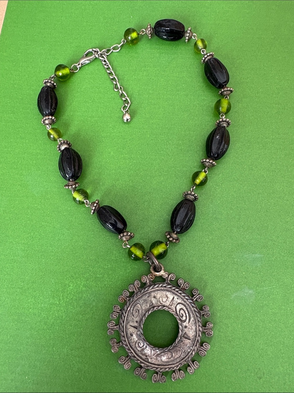 Chico's Black and Green Beaded Pendant Necklace